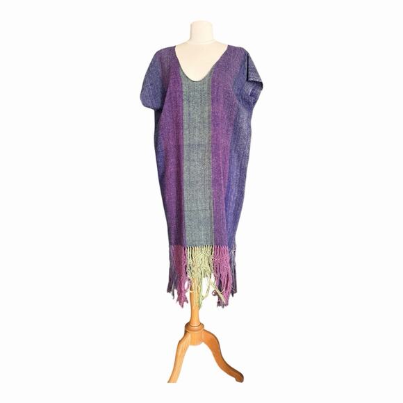 Handwoven Boho Striped Tunic Kaftan Fringe Hem Artisan Dress Purple Burgundy Grn - Picture 5 of 11
